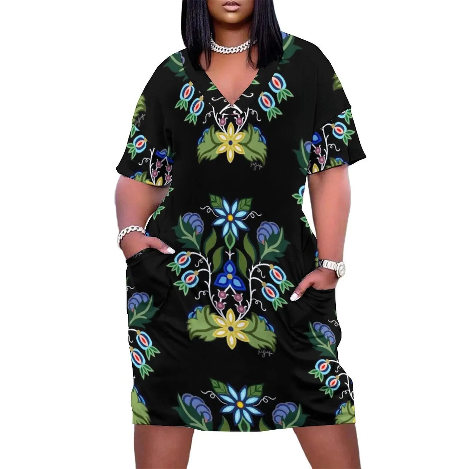 

Ojibwe Floral Loose Pocket Dress loose women"s dress Female clothing purple dress