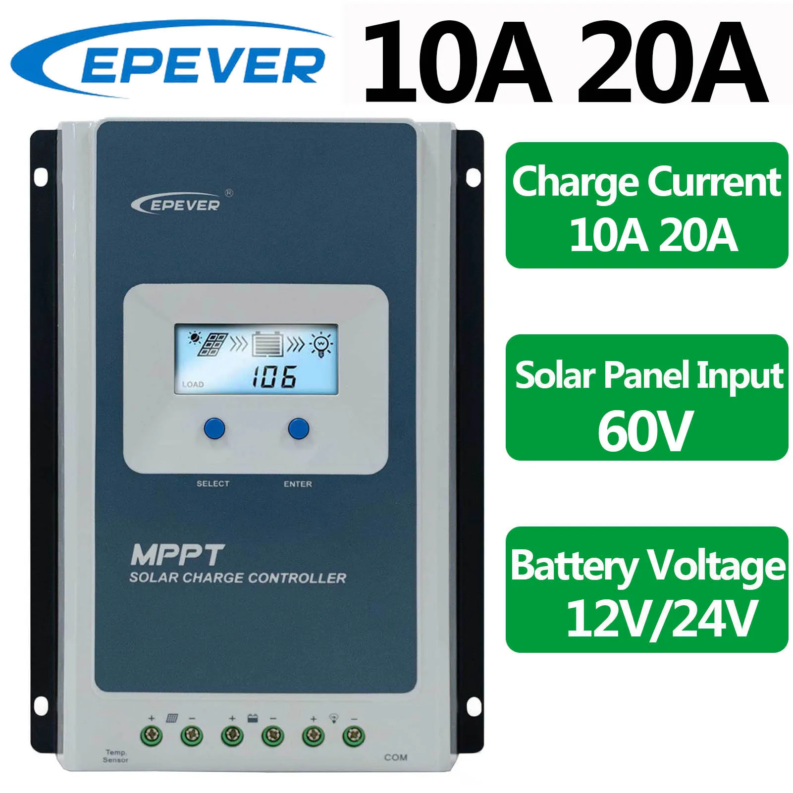 

EPEVER 10A 20A MPPT Solar Charge Controller Auto Identify Battery Voltage 12V 24V Max PV Input 60V