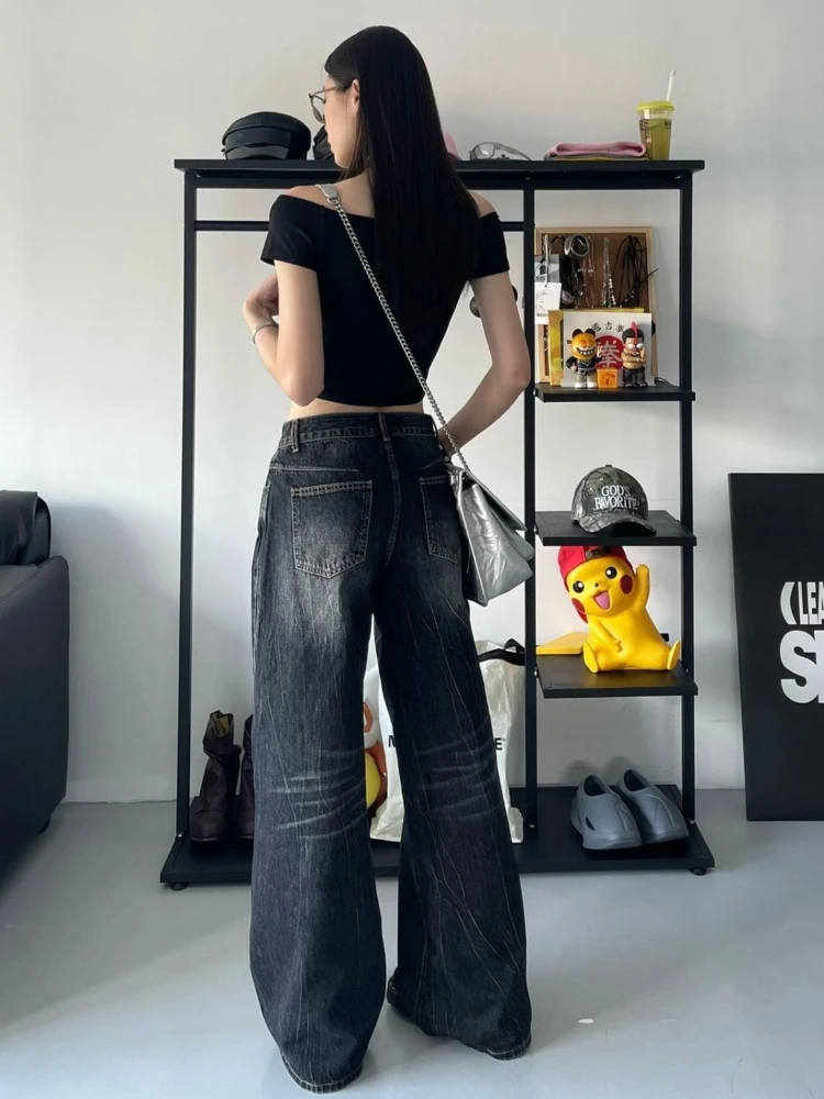 QWeek กางเกงยีนส์วินเทจสำหรับผู้หญิง, กางเกงยีนส์สีดำแนวสตรีทแวร์กางเกงขาม้าฮาราจูกุซักได้หลวมๆกางเกงขายาวผ้าเดนิมฮิปฮอป