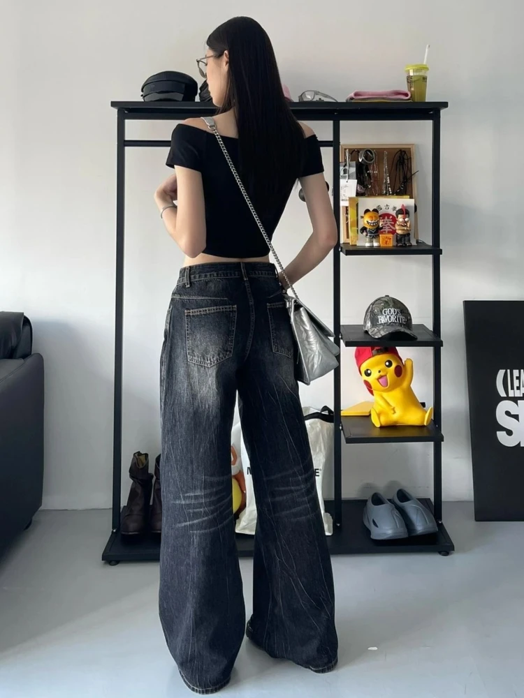 QWEEK Y2K celana Jeans Vintage wanita, celana Denim longgar warna hitam, celana kaki lebar, celana Harajuku ketat, celana Denim Hip Hop untuk wanita