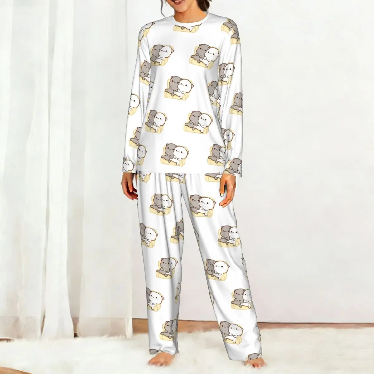 Peach And Goma Mochi Cat Couch Potato Round Neck Long Sleeve Nightgowns for Sleeping Sleepshirts Women Loose Pajama Long Pants