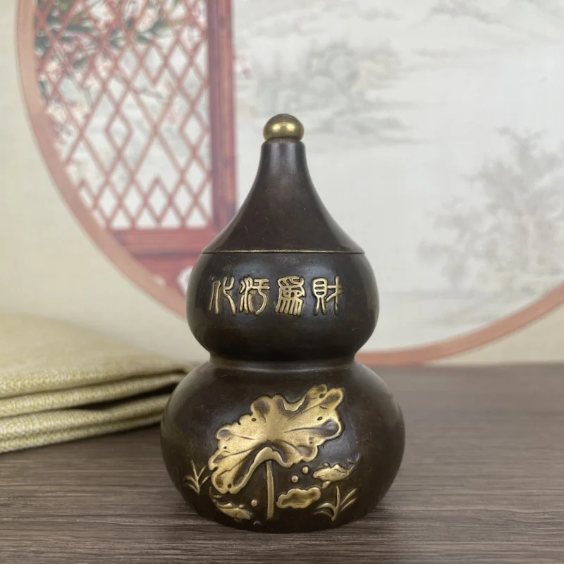 

Brass Gourd Ornament Chinese Style Home Decor Water-Resistant Beast Open Lid Gourd Lotus Leaf Decoration Gift Copper Gourd