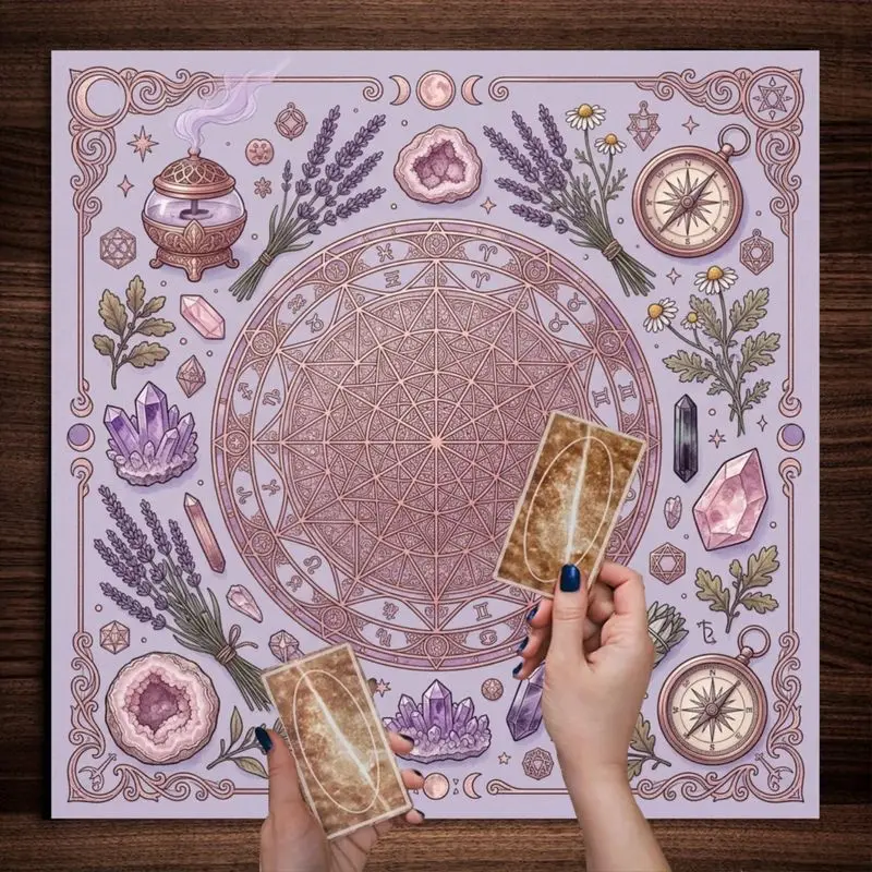 Tarot Altar Cloth Sacred Geometry Crystal Lavender Divination Mat for Wiccan Tarot Reading Spiritual Meditation Table Home Decor
