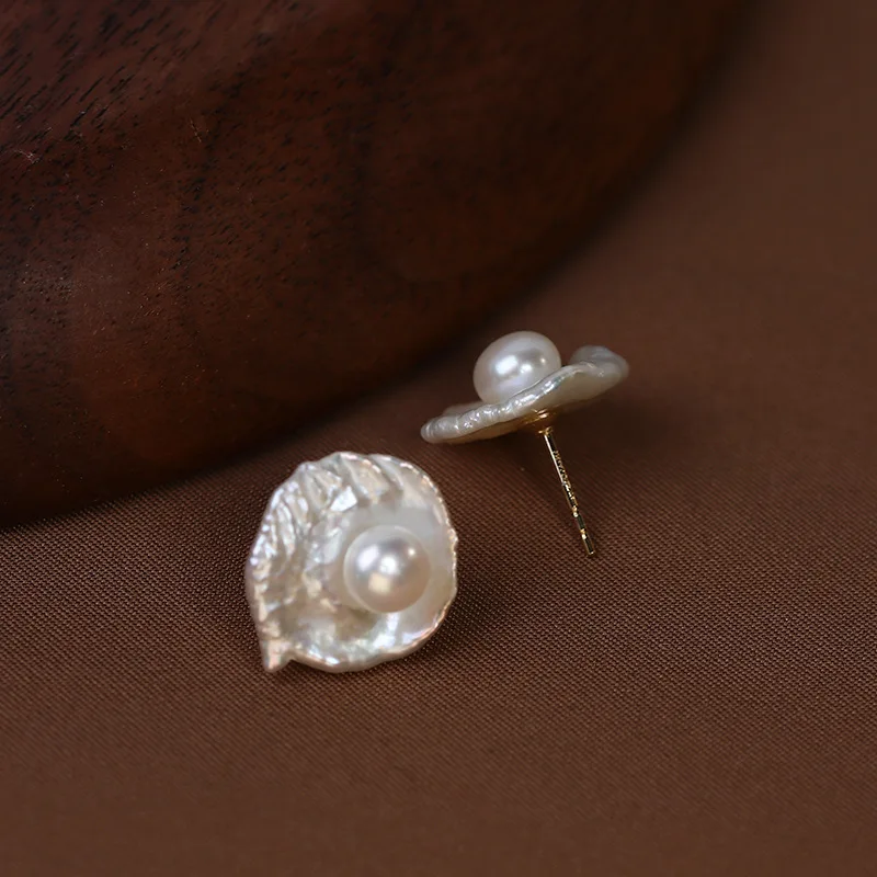 Poached egg natural pearl earrings petal French retro original design 925 silver needle