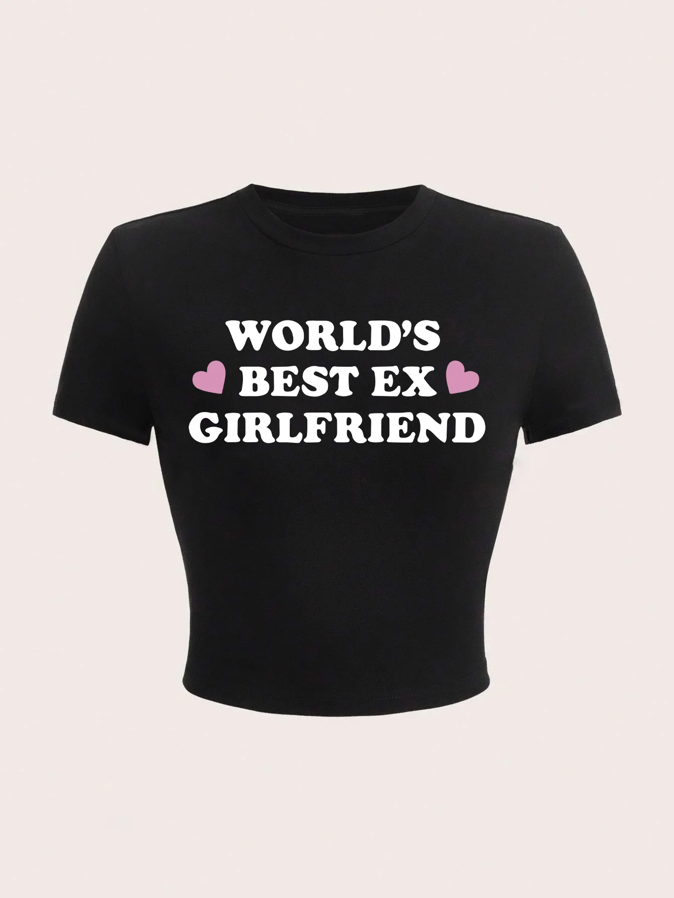 Womens Casual Graphic Crop Top Worlds Best Ex Girlfriend Slogan with Pink Hearts Black Short Sleeve Round Neck Summer