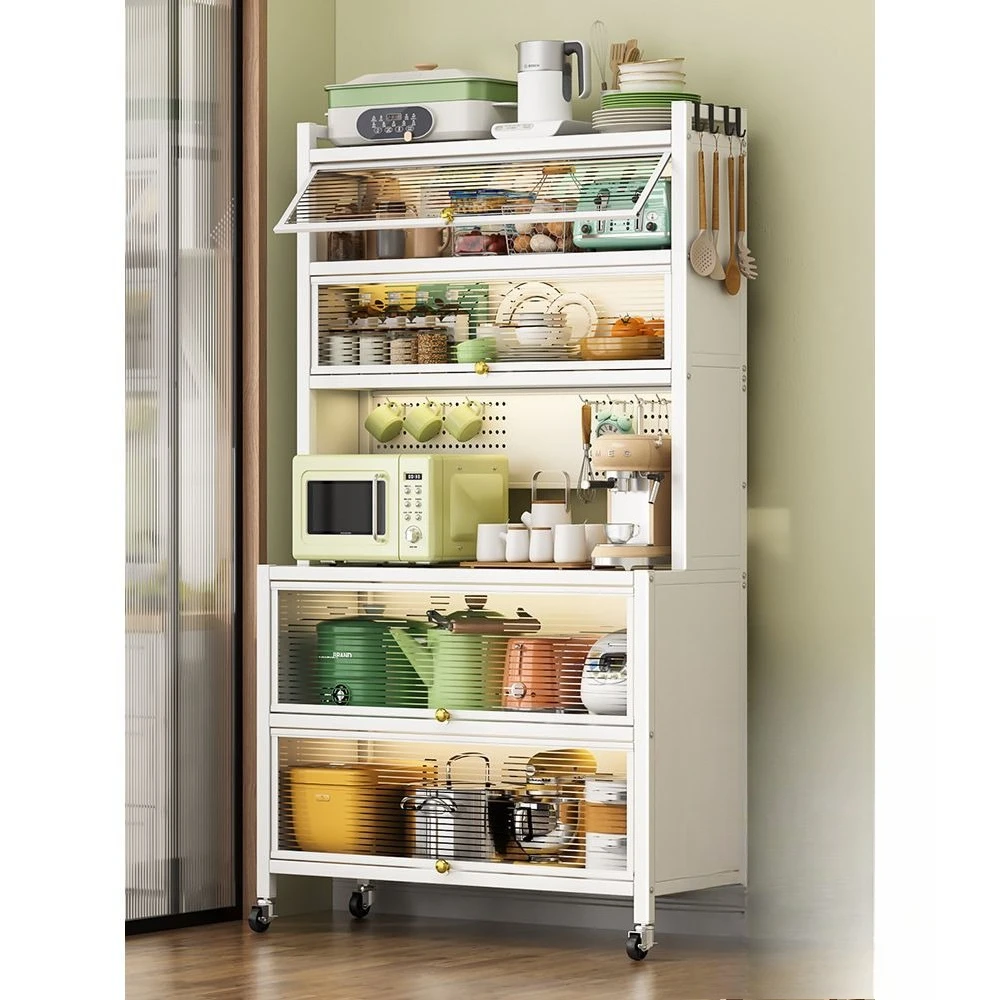 

Kitchen side storage cabinets, lockers, with microwave oven pots and pans, floor to ceiling
