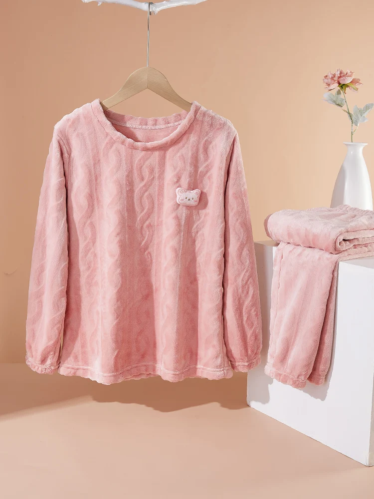 Coral Fleece Sleepwear Autumn Women Thickening Round Neck Long Sleeve Pajamas Women's 2 Pieces Set Cute Sleepwear Nightwear