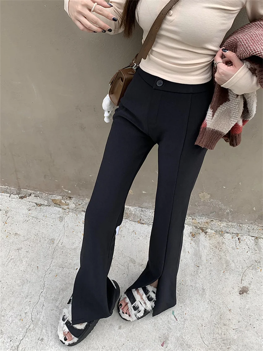 

PLAMTEE Black Flare Pants Women Chic Winter 2024 High Waist Streetwear Slim Plush Loose Daily Office Lady Casual Work Wear OL