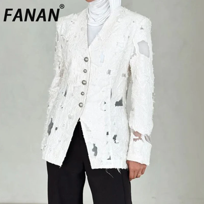 

FANAN Lace Hollow Out Design Blazers For Women V Neck Single Breasted Tide Jackets Elegant Female Coats Fashion 2025 Summer New
