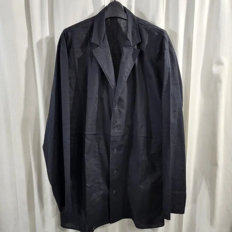 

TOP-YAMAMOTO ® Minimalist black cotton suit jacket, a versatile lapel shirt jacket for men's commuting
