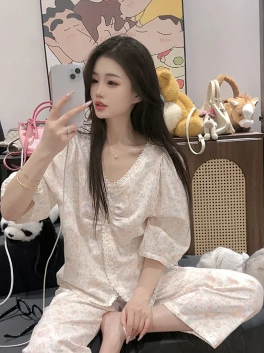 2025 Summer Fresh Sweet Cute Casual Cotton Floral Pajamas Loose Fit Wearable Homewear Set