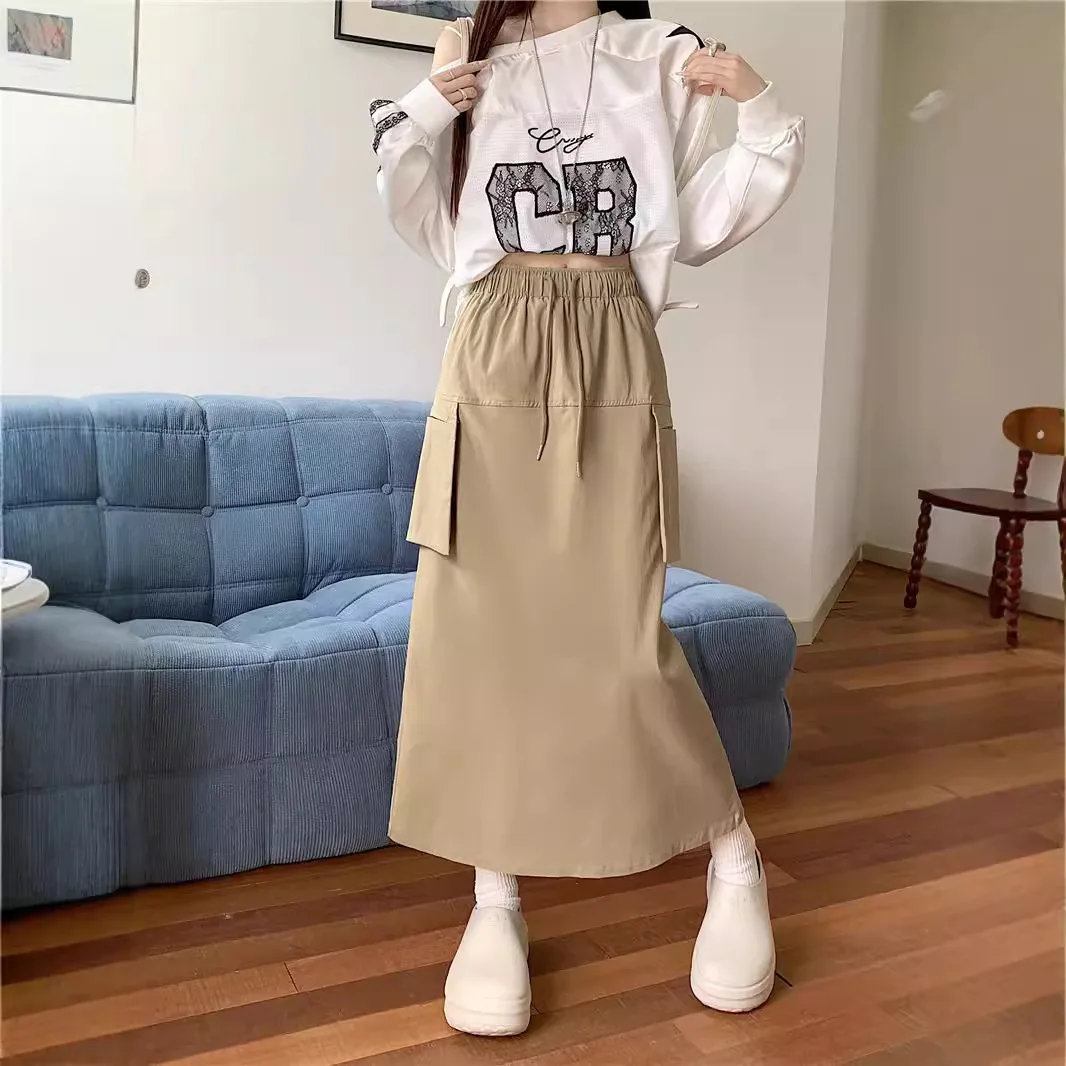 

Nighpha Solid Vintage Skirt for Women 2024 Autumn Casual Elastic High Waist Cargo Split Skirts Female Street A-Line Midi Skirts