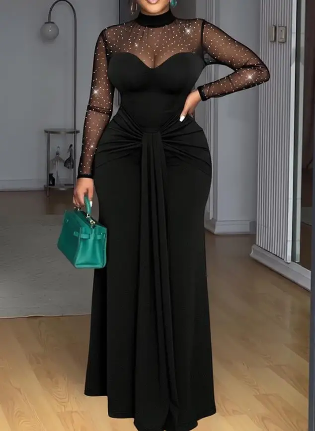 

Women's Dress Rhinestone Decor Mock Neck Mesh Yoke Zipper Back Party Dress Cinched Waist Draped Mermaid Hem Maxi Evening Dress