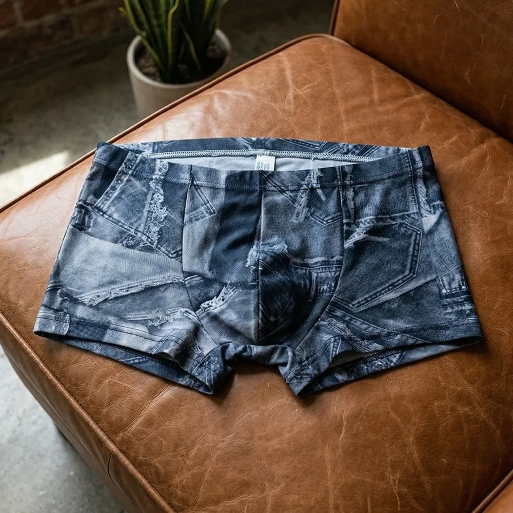 

Fashion Denim Pattern Men's Flat Panties Mesh Thin Low Waist Seamless Panties Boxer Underwear for Men Men