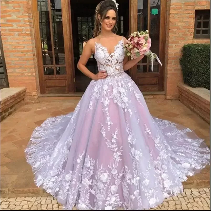 

Pink Wedding Dresses Bridal Gown A-Line Illusion Covered Buttons Lace Applique Sleeveless Sweep Train Custom Vestido De Novia