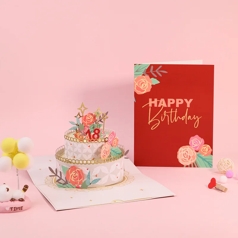 Pop up greeting cards Happy Birthday 3D card Double layer rose cake Hot stamping paper carving gift Blessing message card gift