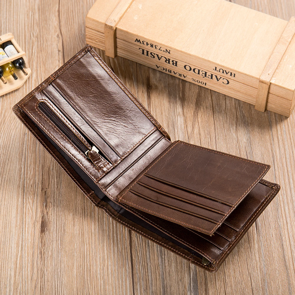 Bifold Mens Wallets Genuine Leather Wallet for Men RFID Blocking with ID Window Zip Coin Purse Cardholder Money Bags