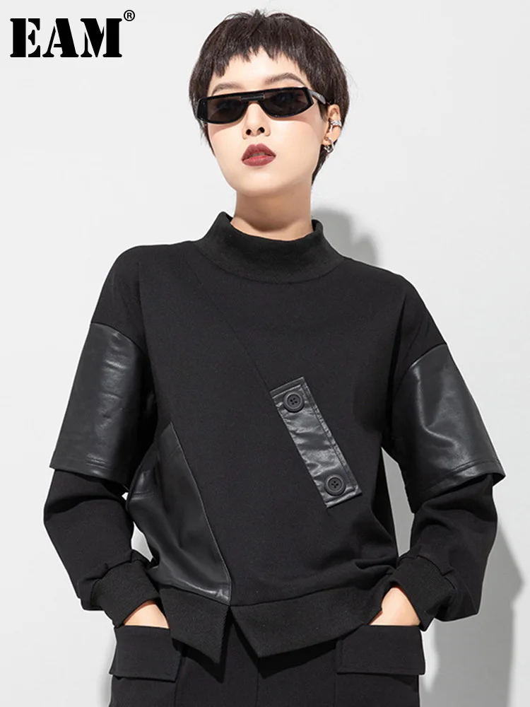 [EAM] Women Black Pu Leather Irregular Big Size Casual T-shirt New Round Neck Long Sleeve Fashion Spring Autumn 2024 1DF4655