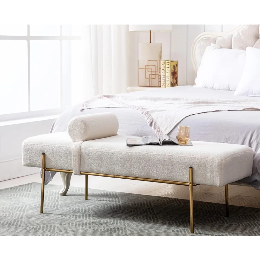 

55" White End of Bed Bench, Modern Faux Fur Upholstered Ottoman Bench Seat with Gold Legs, Fuzzy Long Bench for Living Room