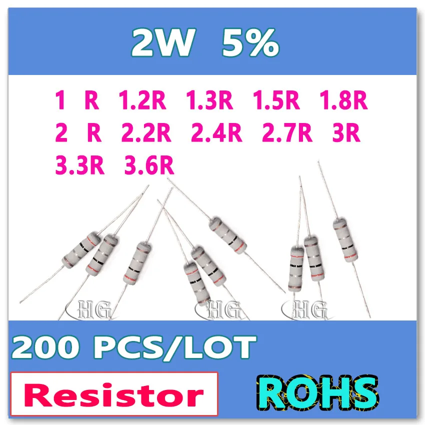 Jasnprosma resistor de carbono, resistor de filme de carbono dip ohm, 200 2w, 1r, 1.2r, 1.3r, 1.5r, 1.8r, 2r, 2.2r, 2.4r, 2.7r, 3r, 3.6r