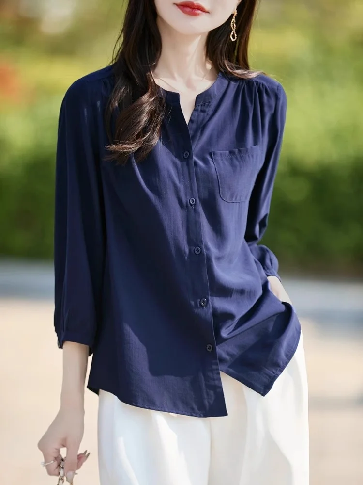 캐주얼 루즈핏 7부 소매 셔츠 여성용 얇은 브이넥 봄 여름 패션 예술적 스타일 고급스러운 블라우스