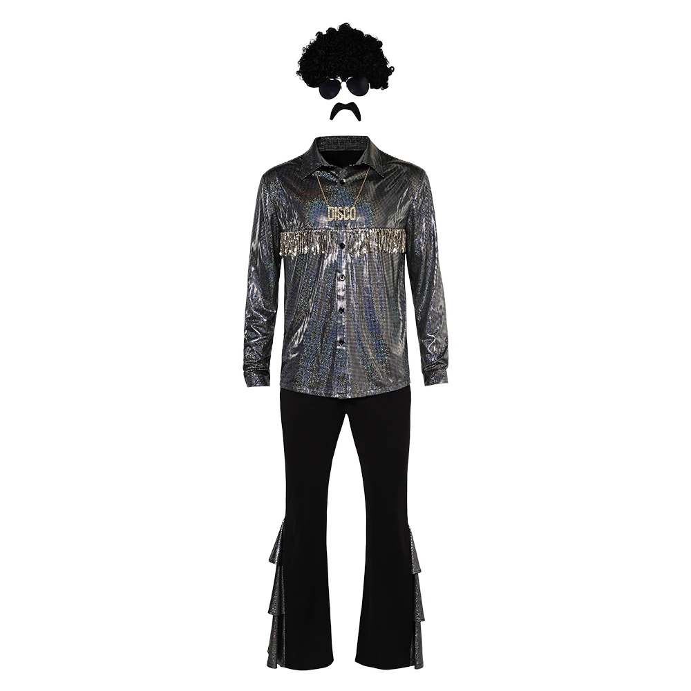 70s 80s Men Retro Disco Costume Adult 90S Hippie Cosplay Shirt Coat Flared Pants Wig Necklace Outfits Halloween Carnival Suit