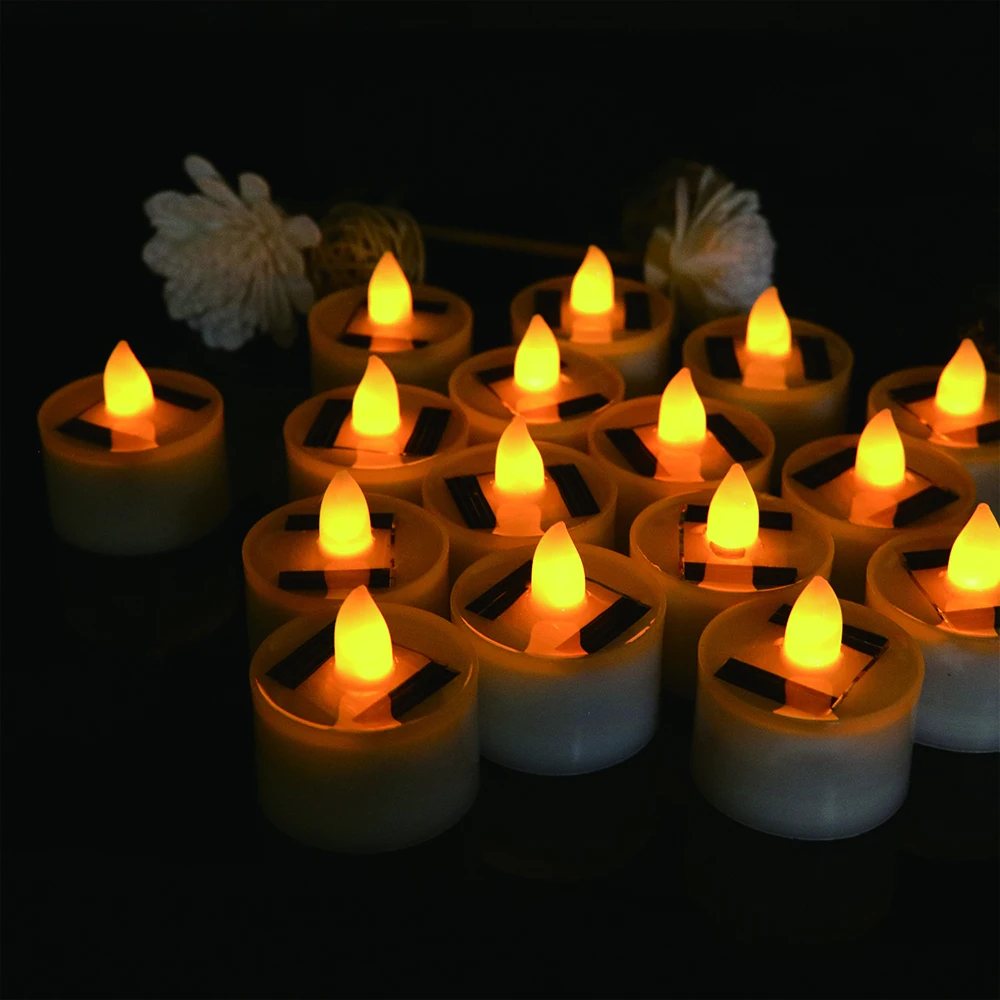 6pcs Solar Tea Lights, Outdoor Candles Lamp Flameless Solar Tea Lights Rechargeable Candles with Flickering Solar Tealights