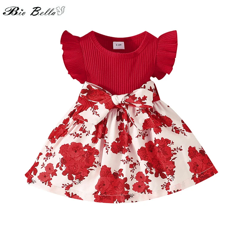 

0-2 Years Sweety Girl Princess Dress Clothing Baby Girl Ruffles Sleeve Floral Printed Red Dress Children Girl Holiday Clothes