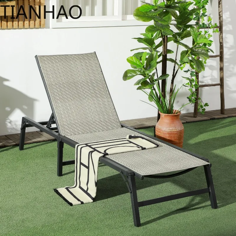 Outsunny Foldable Outdoor PE Rattan Sun Lounger, Patio Wicker Recliners Lounge Chair w/ 5-Level  Backrest