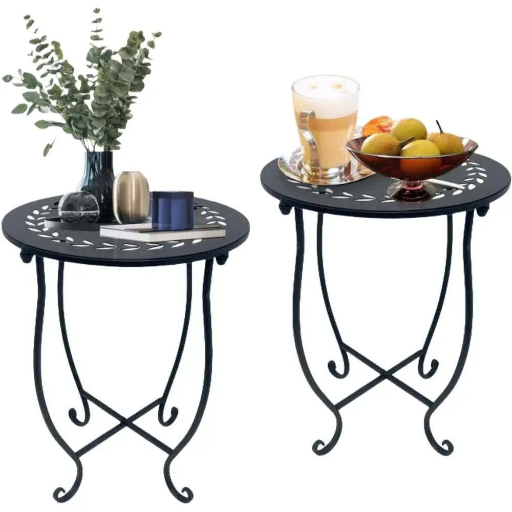 Metal Round Side Table, 2 Pack 14 Inch Outdoor Side Table, Weather Resistant Black Metal Patio Balcony Yard Garden, Plant Stand