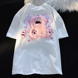 Furry Cry Cat Cartoon Flocked Embroidery Loose Short Sleeve T-shirt Women's Summer Cute Style Couple Match Top Kawaii Tees Shirt