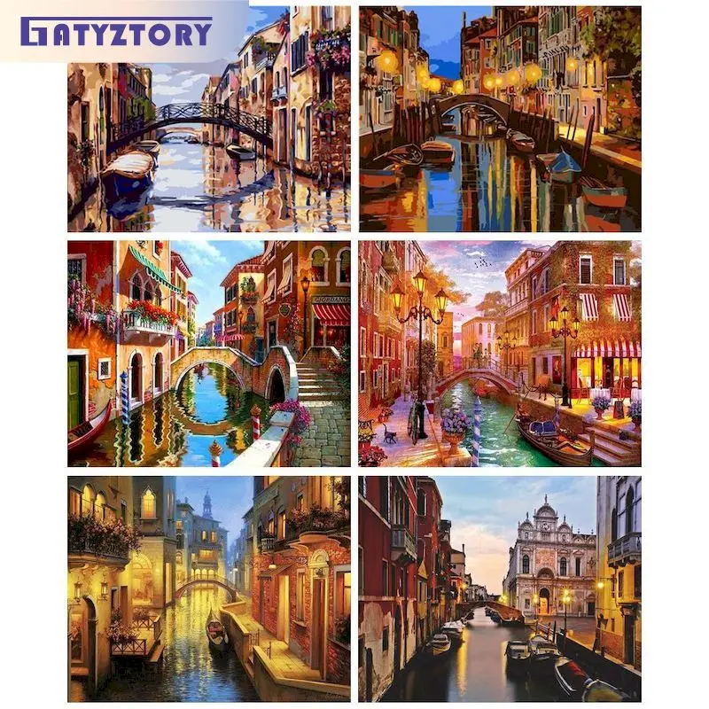 

GATYZTORY Frame DIY Oil Painting By Numbers Water City Venice Landscape Paint By Numbers For Adults Coloring By Numbers For Home