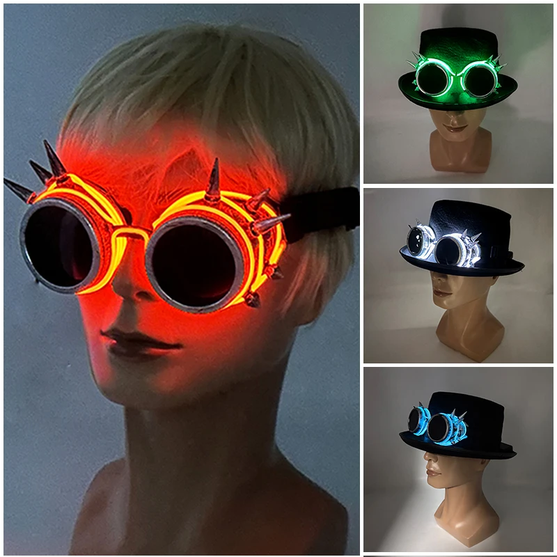 Cool Glowing Steampunk Glasses with Spikes Cyberpunk Luminous Glasses Halloween Mechanized Killer Gothic Cosplay Props