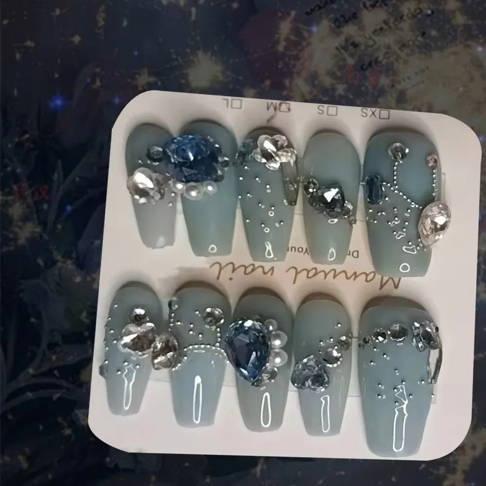 10 pçs de alta qualidade artesanal imprensa em unhas azul artesanal usando ponta do prego artificial reunião família diy salões de unhas