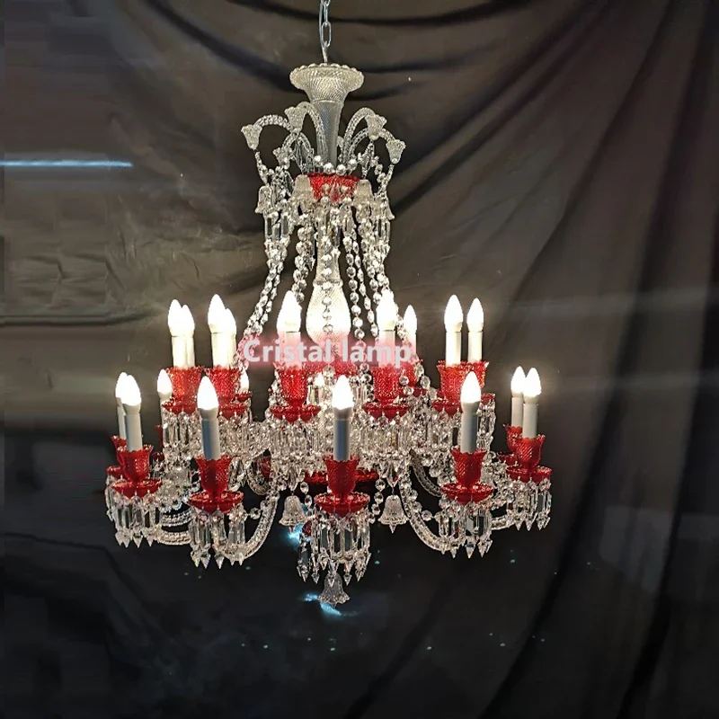 Hotel Lobby Wedding Living Room Lamp Red Crystal Chandeliers and Clear Bells 24 Light Pendant Light