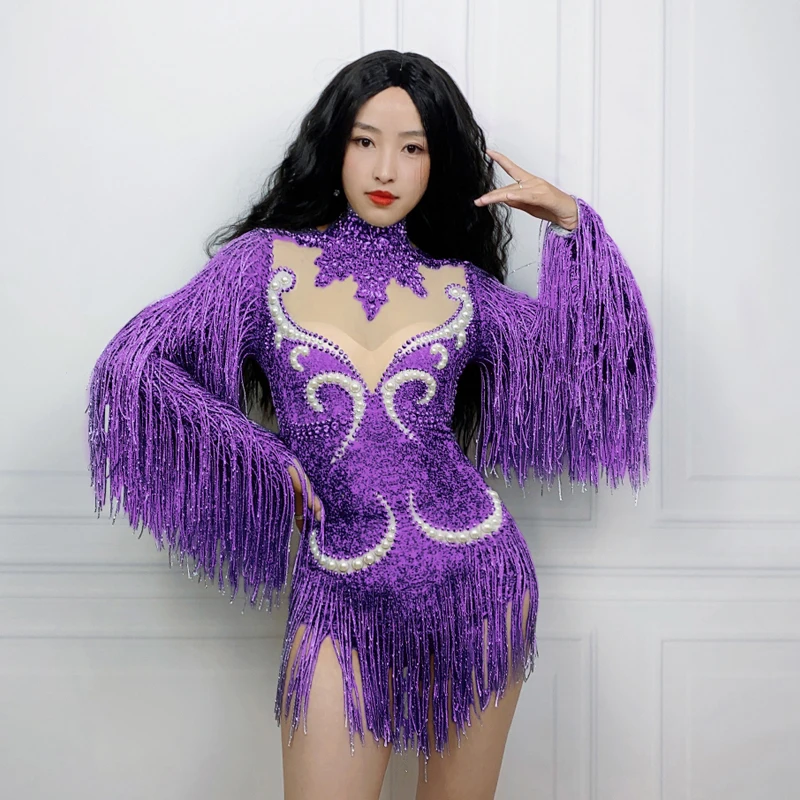 

9 Colors Fringed Sleeves Rhinestones Bodysuit Women Party Stretch Clothing Drag Queen Costume Stage Dj Ds Festival Outfit XS6947