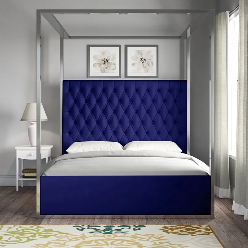 

Luxury Upholstered Canopy Bed Frame king Size in Stainless Steel Bedroom Furniture