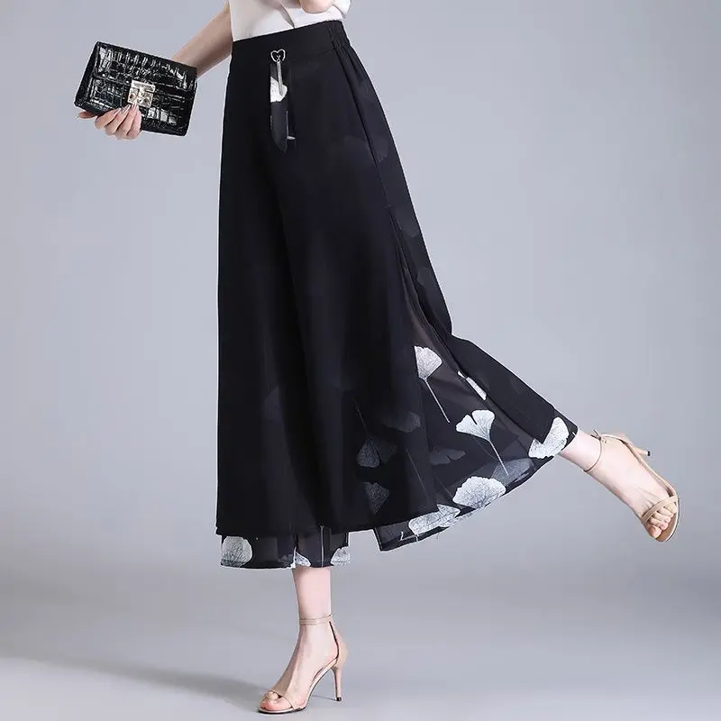 New Chinese Style Loose Chiffon Wide Leg Pants Summer New Nine Points Loose Elastic Waist Eight Points Pants for Women