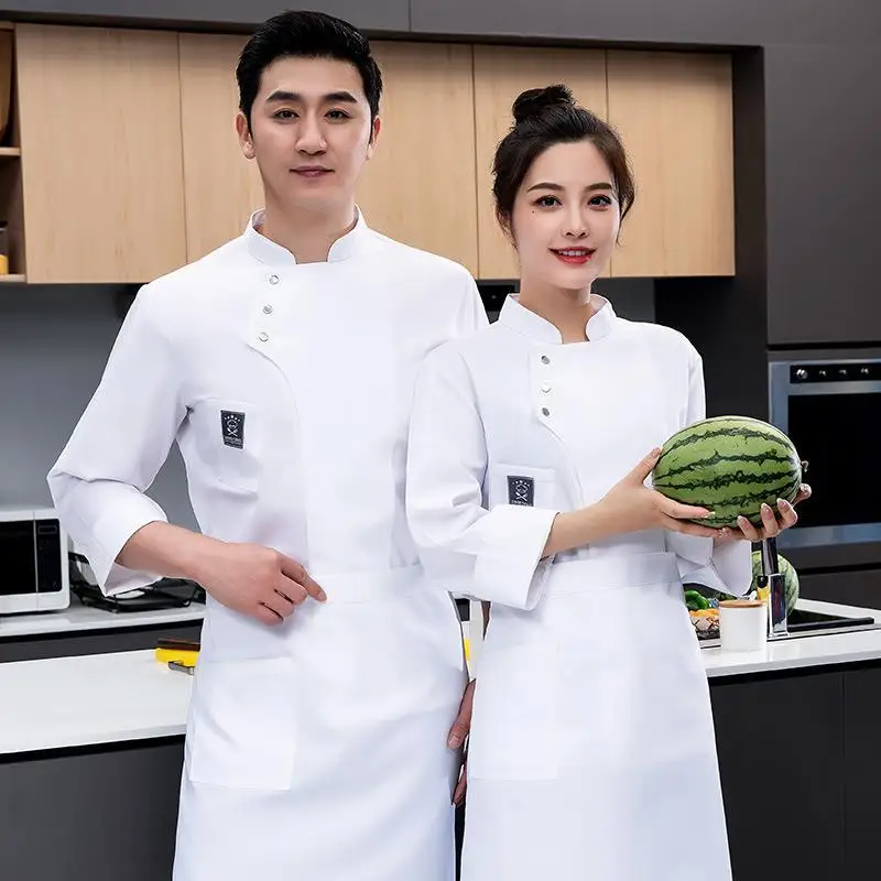 

Chef Overalls Long Pastry Cook Canteen Clothing Breathable White Kitchen Work Clothes Short Sleeve Summer Thin