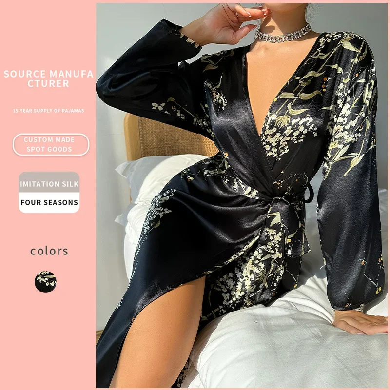 Sexy Women Night Robe V-Neck Sexy Silk Robe With Belt Short Satin Kimono Robe Sleepwear Bathrobe Bridesmaid Dressing Gown