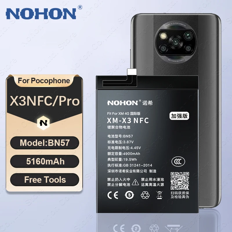 NOHON BN57 5160mAh Phone Battery for Xiaomi POCO X3 Pro X3NFC Pocophone Lithium Polymer Batteries + Free Tools