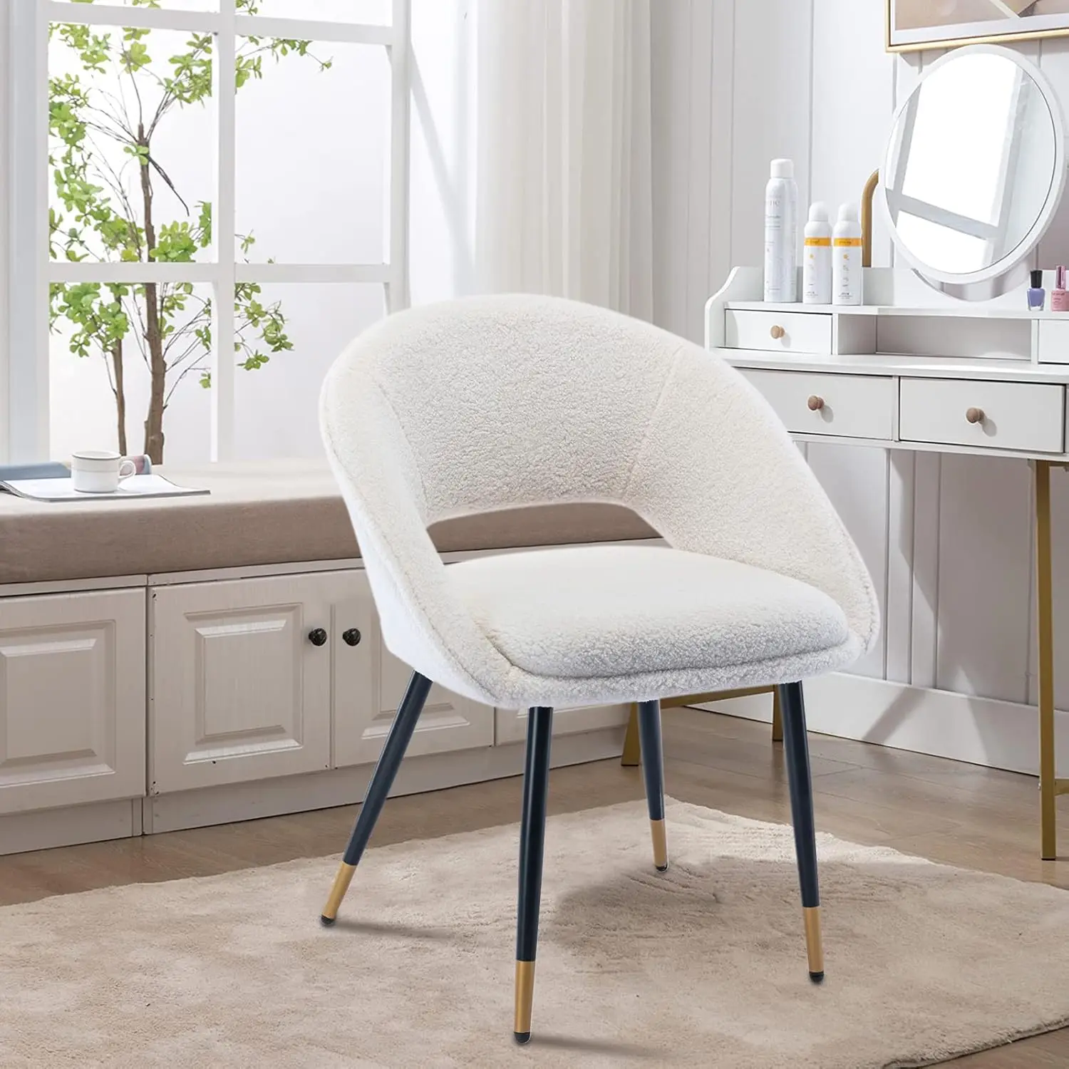 HomVent Side Chair White Fur Arm Chair w/Metal Gold Legs Vanity Chair w/Upholstered Cushion Seat Dining Chair