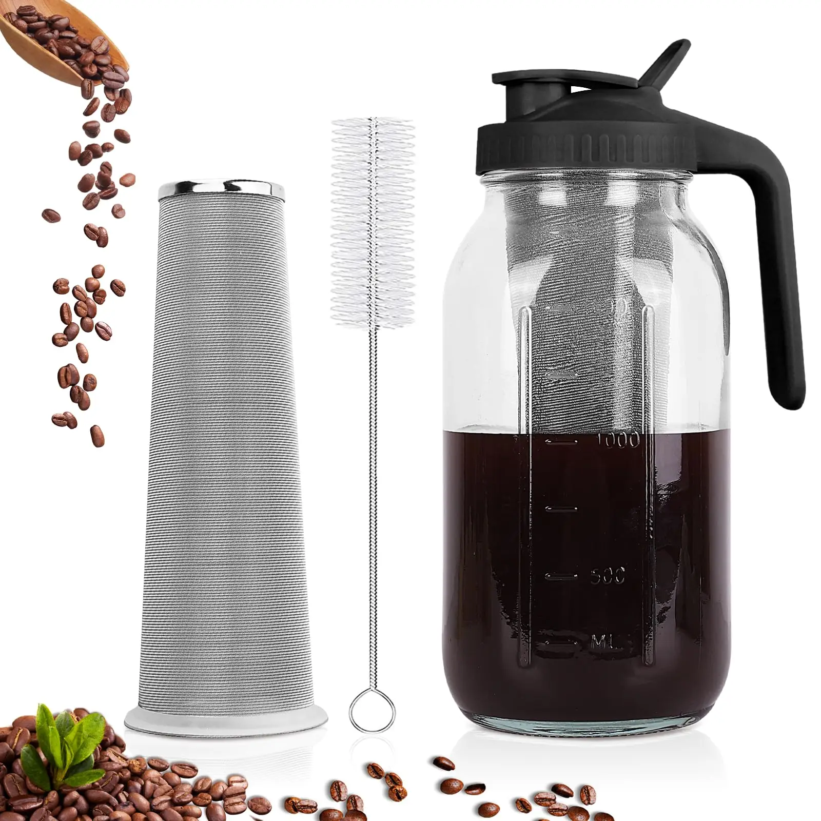 Jarra grande de 64 oz (2 L) para preparar café frío, con tapa hermética a prueba de fugas, asa ergonómica, boquilla de vertido preciso, ideal para preparar té helado, carafe y para infusionar frutas.