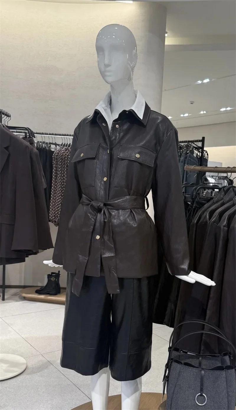 Cappotto da donna effetto ecopelle Cappotto lungo con cintura per giacca casual retrò semplice autunno e inverno