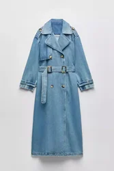Europe and The United States Autumn New Fashion Street Personality Double Breasted Lapel Casual Long Denim Coat with Belt Women