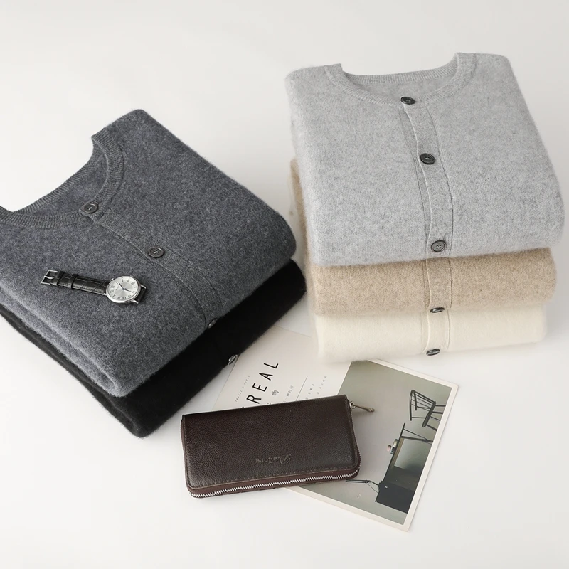 عالية الجودة الرجال الشتاء سميكة الكشمير سترة الياقة المستديرة سترة 100% ميرينو الصوف تريكو ملابس غير رسمية لينة الدافئة