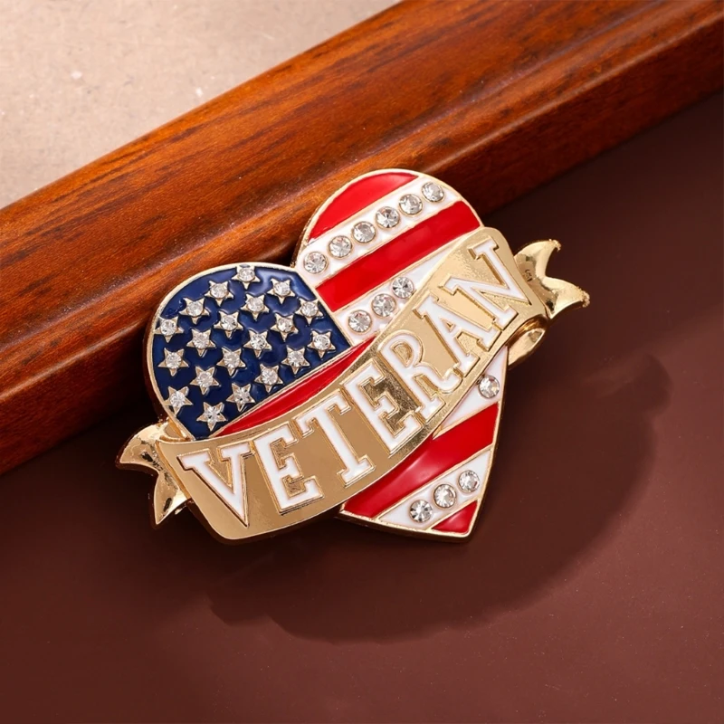 HXBF Stylish Veterans Themed Lapel Pin Patriotic Clothing Brooch With Rhinestones Decoration For Clothing Accessories