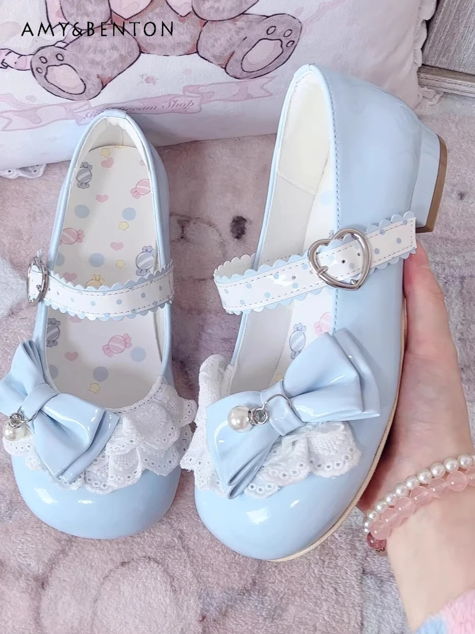 

Sweet Girl Daily Low Heel Round Toe Mary Jane Shoes Lolita Style Cute Lace Bow Pearl Pendant Patchwork PU Single Shoes for Women