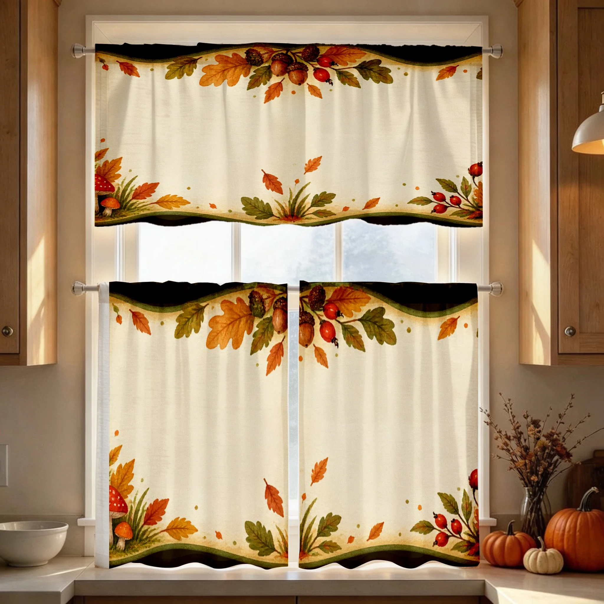 Thanksgiving Fall Kitchen Curtains, Black Leaf Acorn, Digital Print, Kitchen Dining Room, Rod Pocket Polyester, Home Decor
