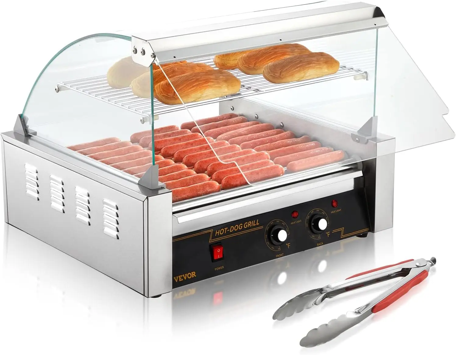 Hot Dog Roller, 11 Rollers 30 Hot Dogs Capacity, 1650W Stainless Sausage Grill Cooker Machine with Dual Temp Control Glass Hood